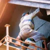 High-quality external wall insulation installation in progress. Worker in red gloves applying polystyrene insulation boards with adhesive mortar, providing energy efficiency and temperature regulation for residential buildings.