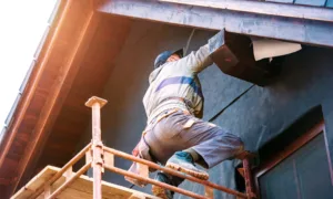 High-quality external wall insulation installation in progress. Worker in red gloves applying polystyrene insulation boards with adhesive mortar, providing energy efficiency and temperature regulation for residential buildings.
