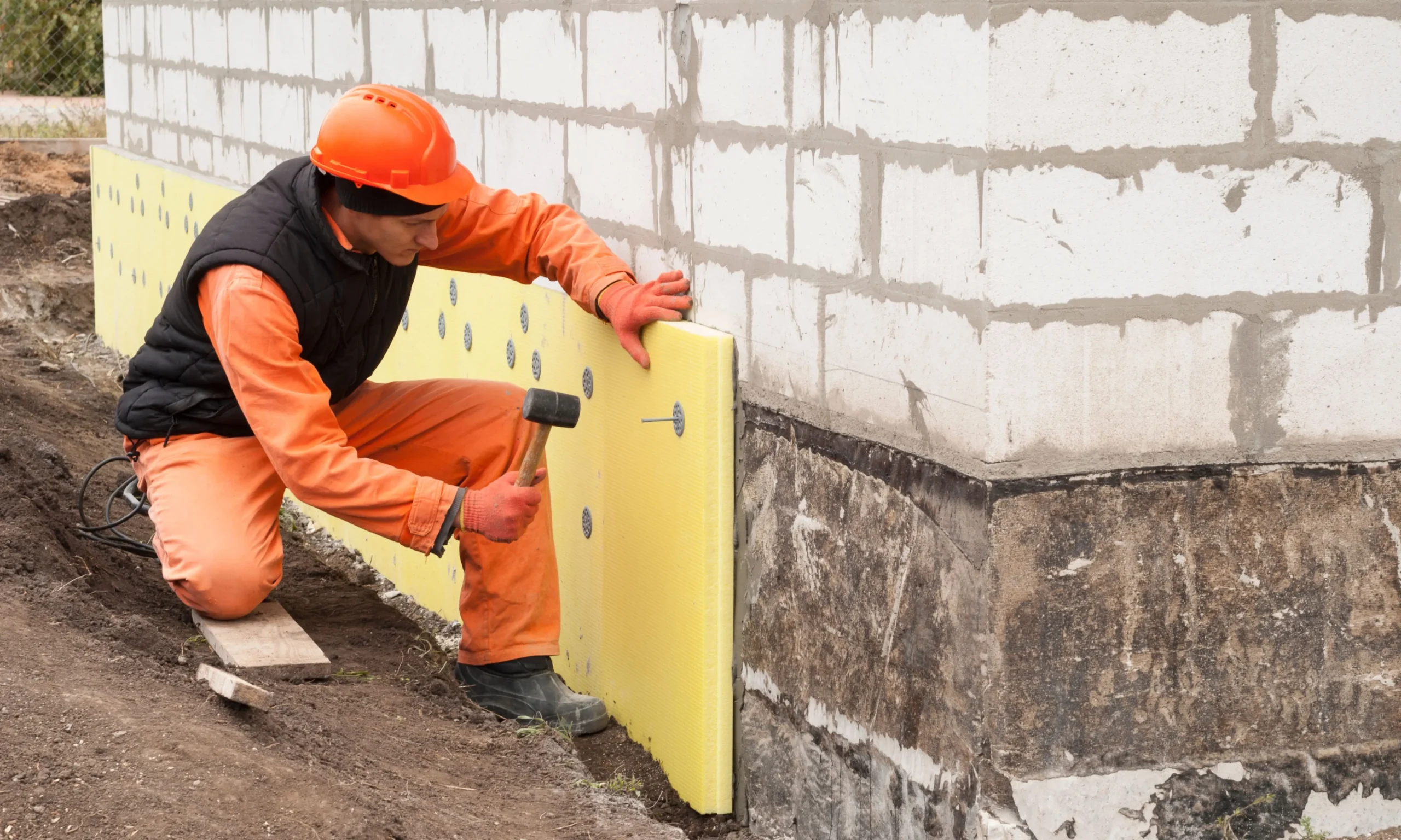 Construction worker in orange safety clothing installing yellow polystyrene insulation boards on an exterior foundation wall with visible mechanical fixings