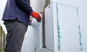 A worker placing polystyrene insulation boards on an exterior wall using adhesive and alignment string
