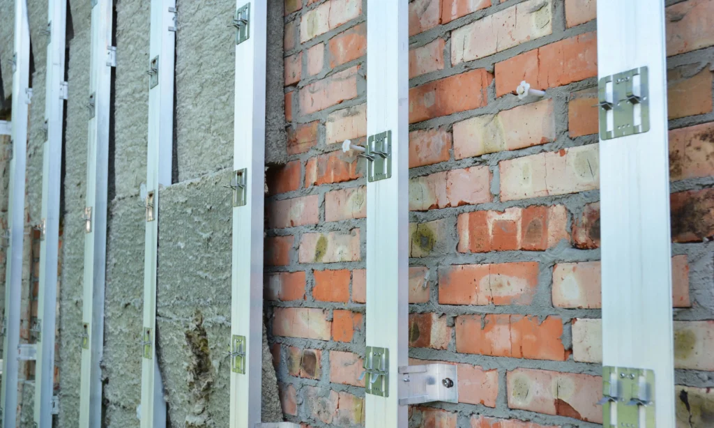 Close-up of external solid wall insulation installation on a brick wall showing graphite EPS boards and metal fixing profiles used for wall insulation in the UK