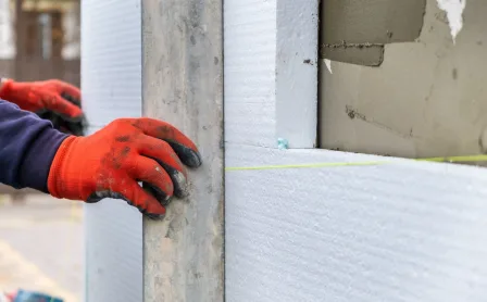 Installation of polystyrene insulation boards using professional adhesive for EWI systems. Proper positioning and leveling of thermal insulation on the building facade.