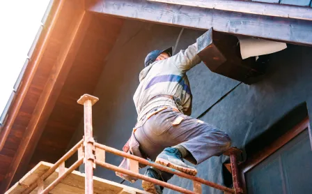 High-quality external wall insulation installation in progress. Worker in red gloves applying polystyrene insulation boards with adhesive mortar, providing energy efficiency and temperature regulation for residential buildings.